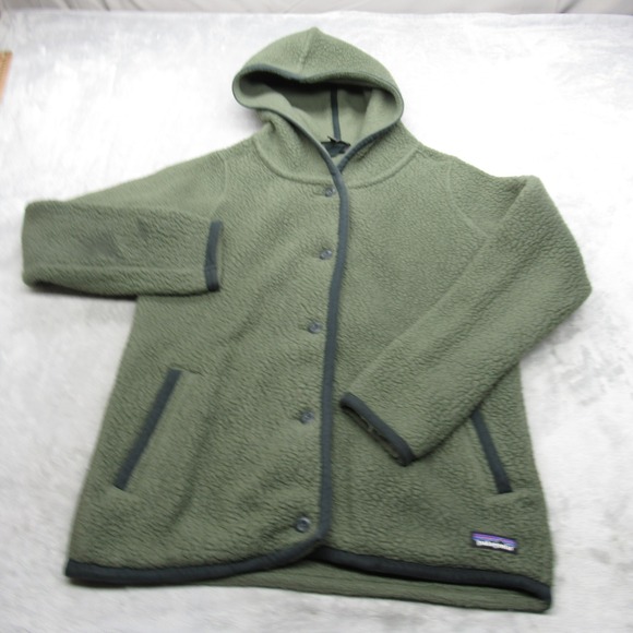 Patagonia Jacket Womens Medium Green Fuzzy Shearling Fleece Hooded Cardigan Tall - Picture 2 of 12